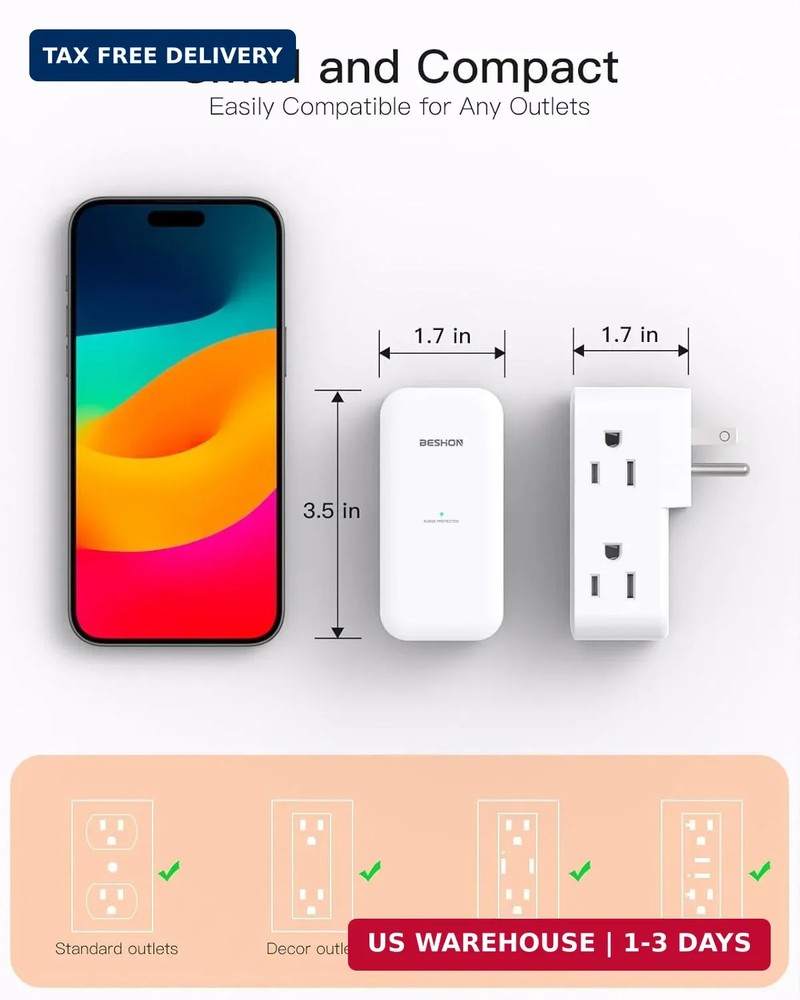 Surge Protector Outlet Extender- with Rotating Plug,6 AC Multi Plug White