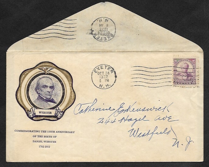 #725 3c Daniel Webster- 1932 Rice FDC Exeter, NH