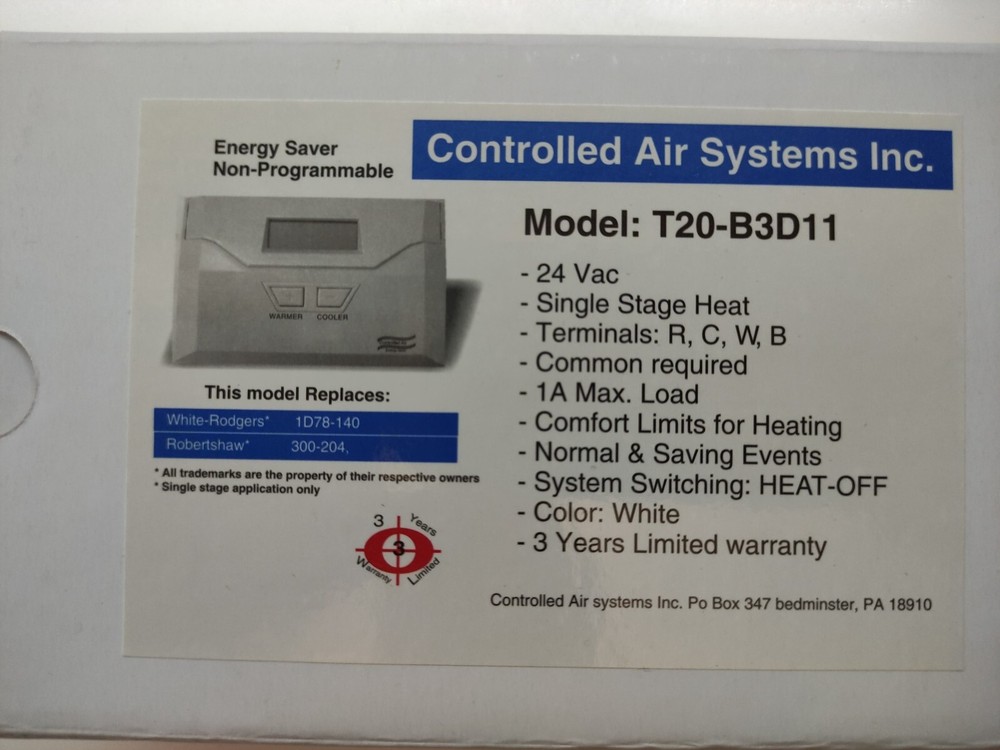 non programmable thermostat T20-B3D11, Single Stage Application Only