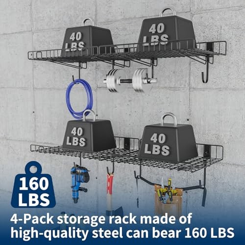 4 Pack Garage Wall Shelf, Wall Mounted Storage Shelves, Heavy Black-4Pack-A