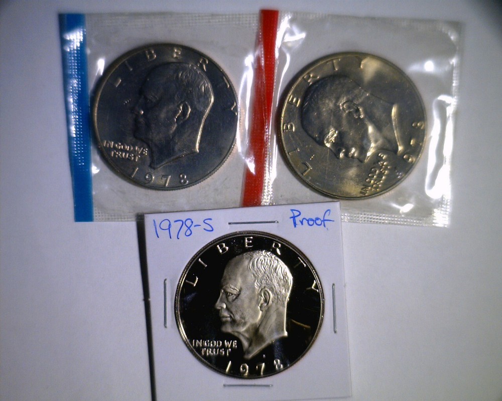 1978 PDS Eisenhower Dollars Unc in mint cello and Proof