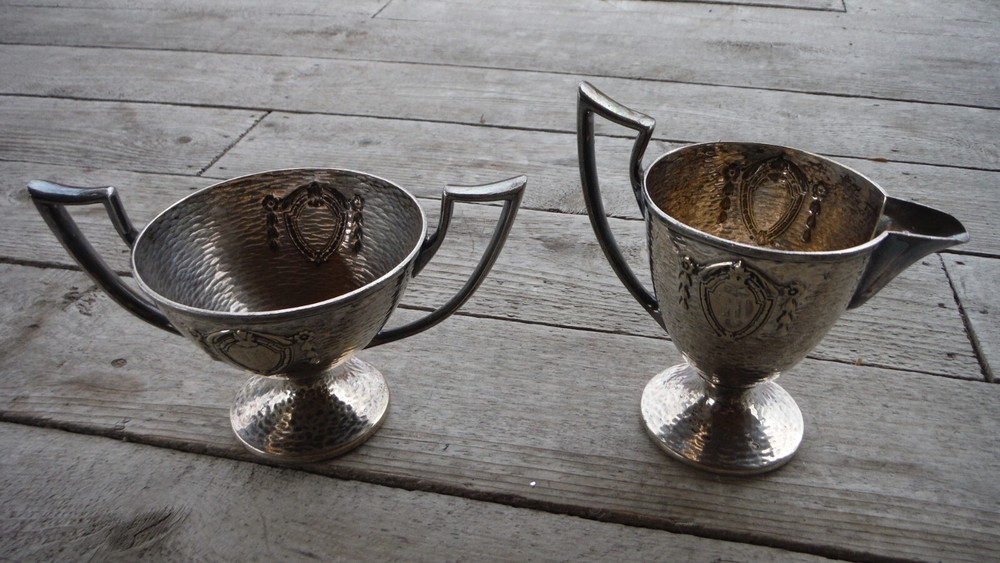 MCM Sheffield Creamer & Sugar Hammered Silverplate w/ Shield "M" Monogram - EUC