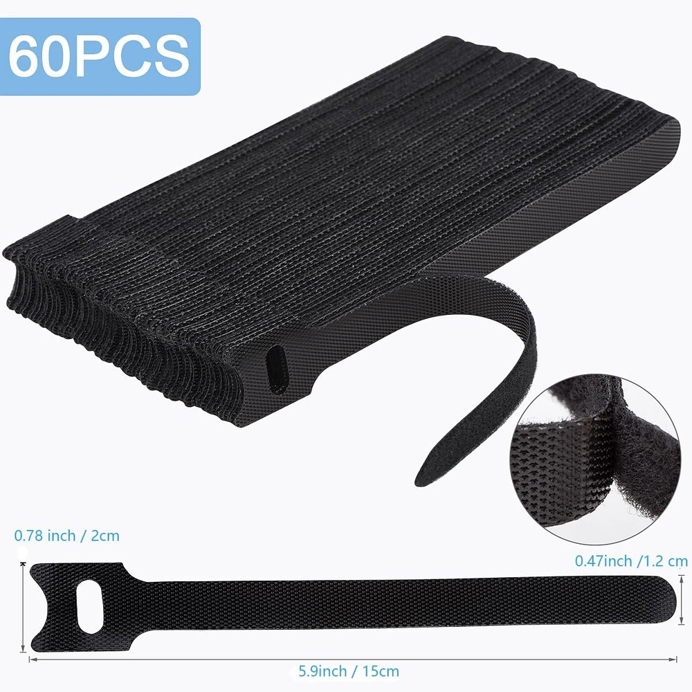 60-Pack 6in Reusable Hook Loop Cable Ties - Adjustable Cord Organizer