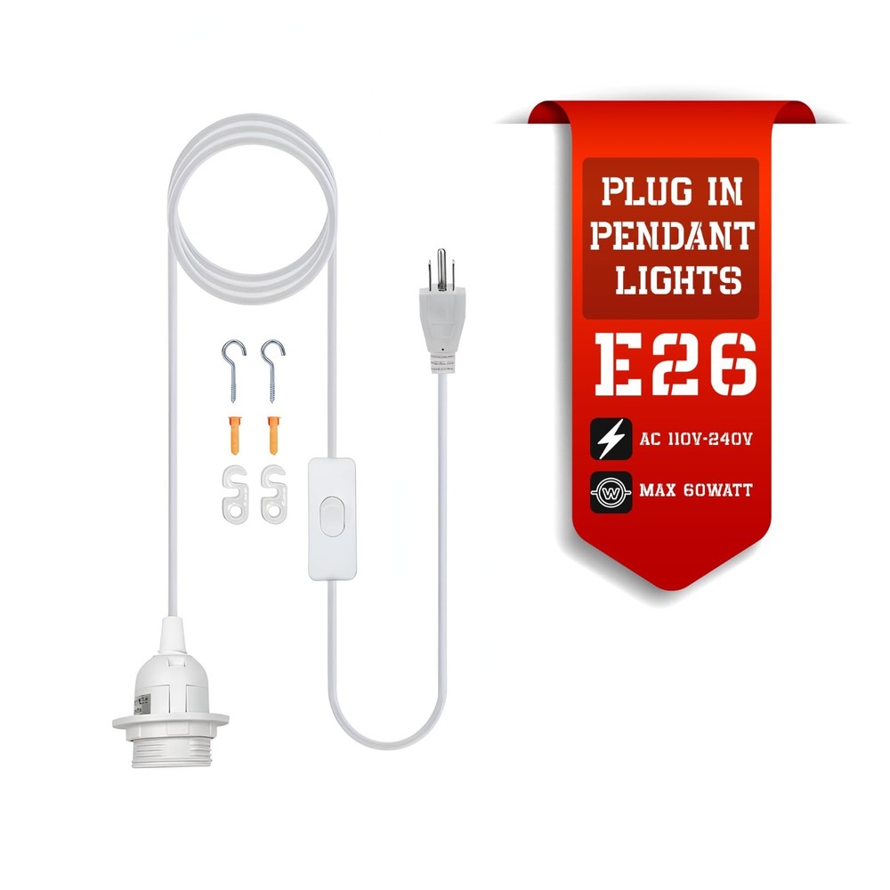 White Plug-in Light Socket 16Ft Pendant Cord Kit E26 Hanging Light Socket