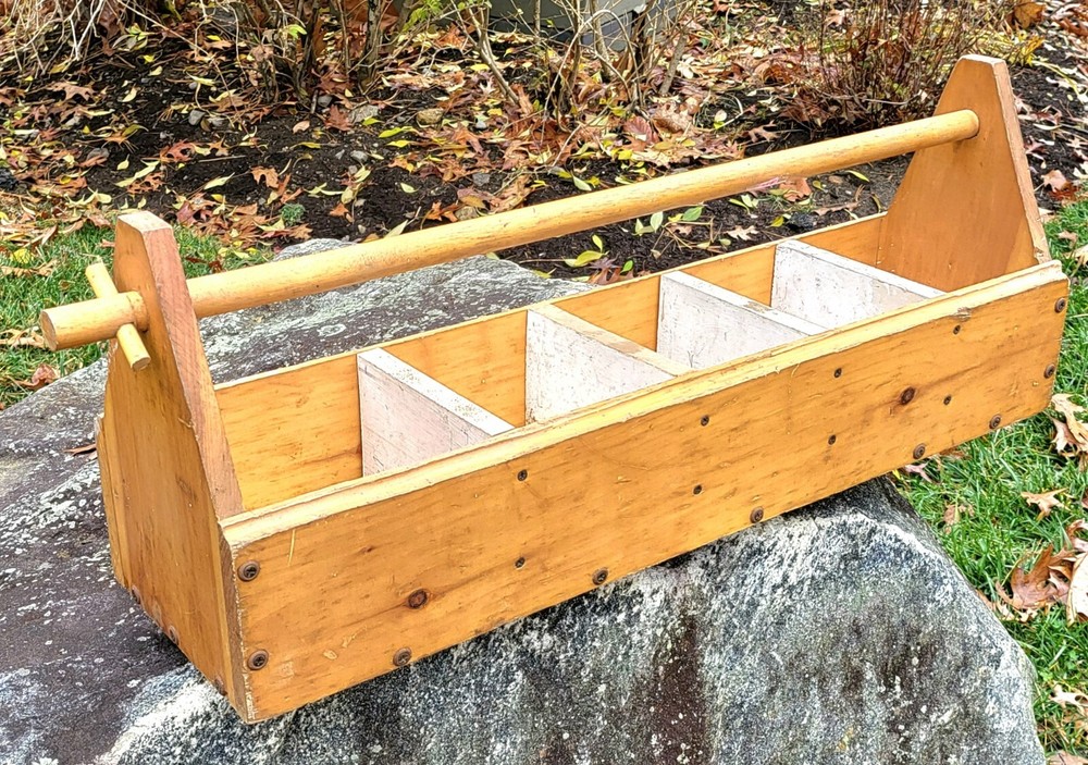 Vintage Unique Handmade Primitive Solid Wood Tool Box Caddy Carrier Storage 31"