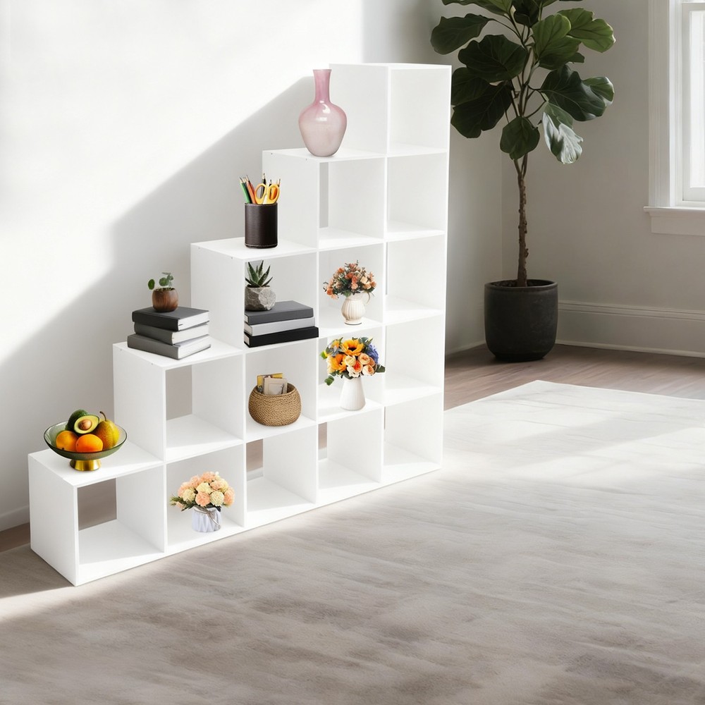 White Ladder Cube Storage Bookcase, L-Shaped Corner Shelf, 15-Cube Organizer
