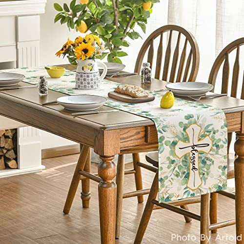 Blessed Cross Eucalyptus Table Runner, Spring 13" x 72", Table Runner Green