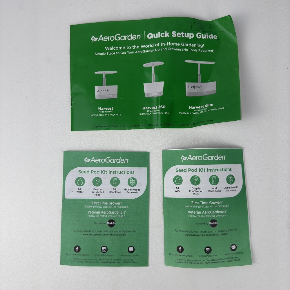 Aerogarden Quick Setup Guide Seed Pod Kit Instructions Replacement Part ONLY