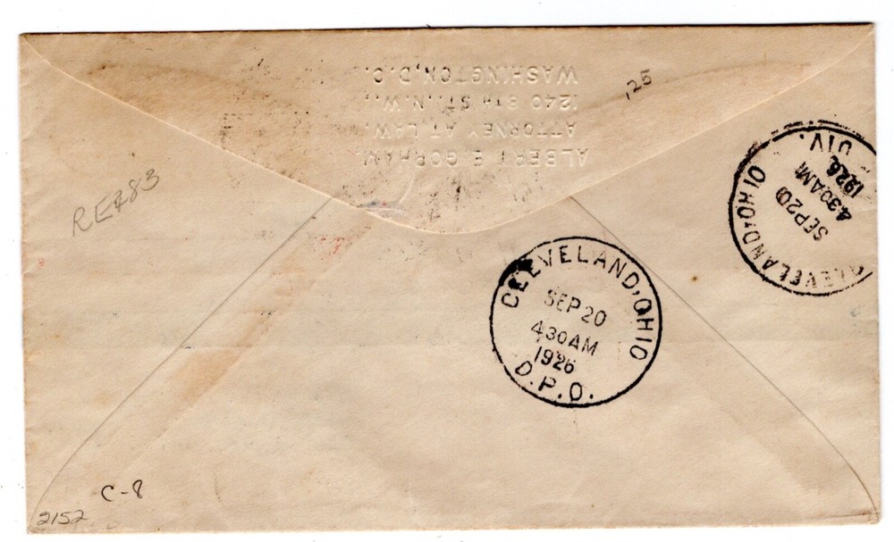 C8 Map 15c First Day Cover 1926 - Washington DC Albert Gorham Embossed Cover