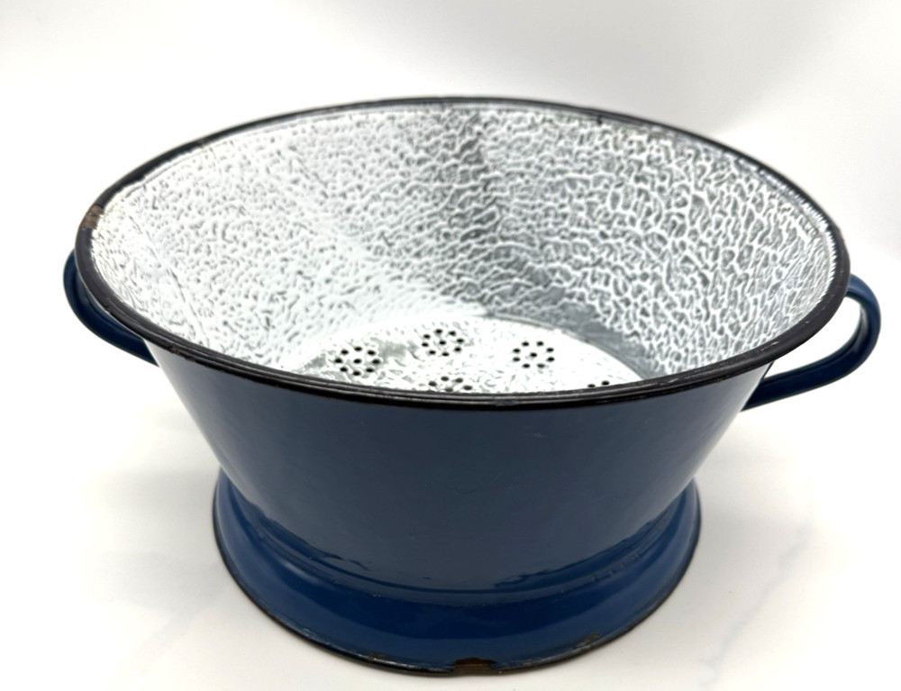 Vintage Blue Enamelware Handled Strainer
