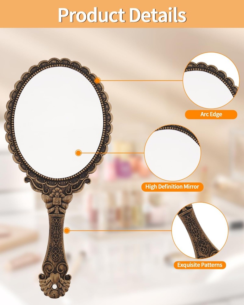 Hand Mirror Vintage Handheld Mirror with Handle Vanity Makeup Mirror Trav