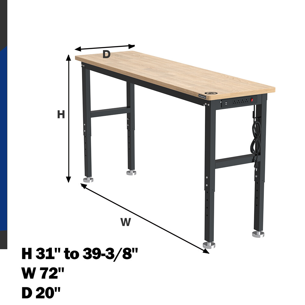 WORKPRO 72" Adjustable Workbench Garage Workbench with Power Outlet 3000LBS Load
