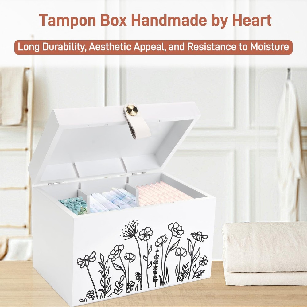 100% Solid Wood Tampon Holder Box with Lid, Copper Leather Pull, Absolute Rea...