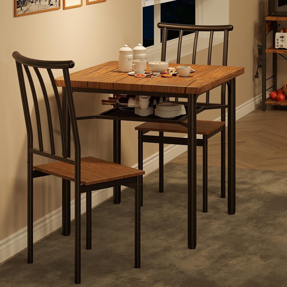 Dining Table Set for 2,3-Piece Kitchen Set w 2 Chairs&Wine Rack for Small Spaces
