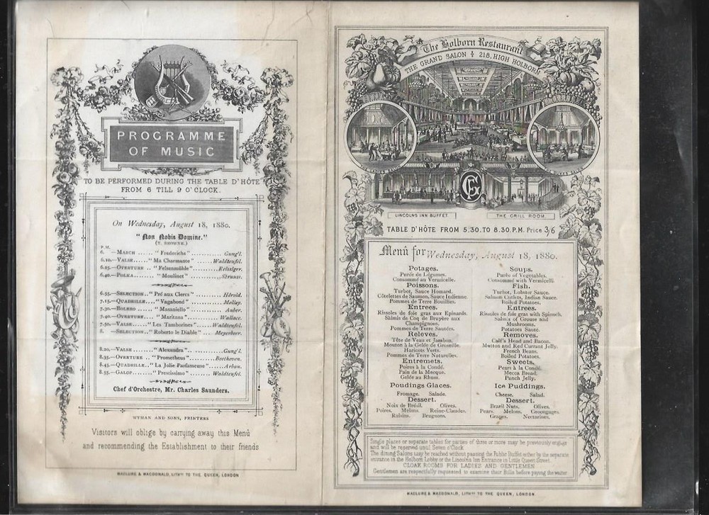 1882 The Holborn Restaurant Program of Music