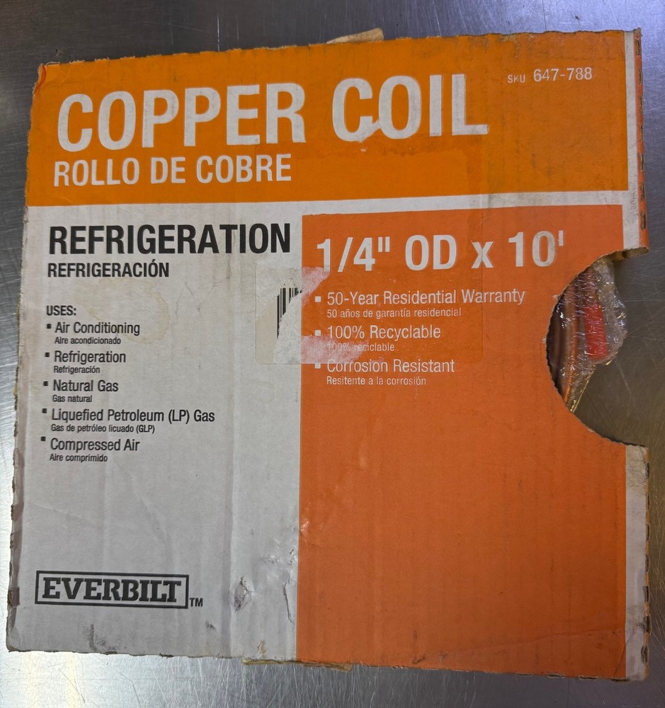 Everbilt Copper 1/4" OD x 10ft Soft Type Refrigeration Coil 647-788 04010PS
