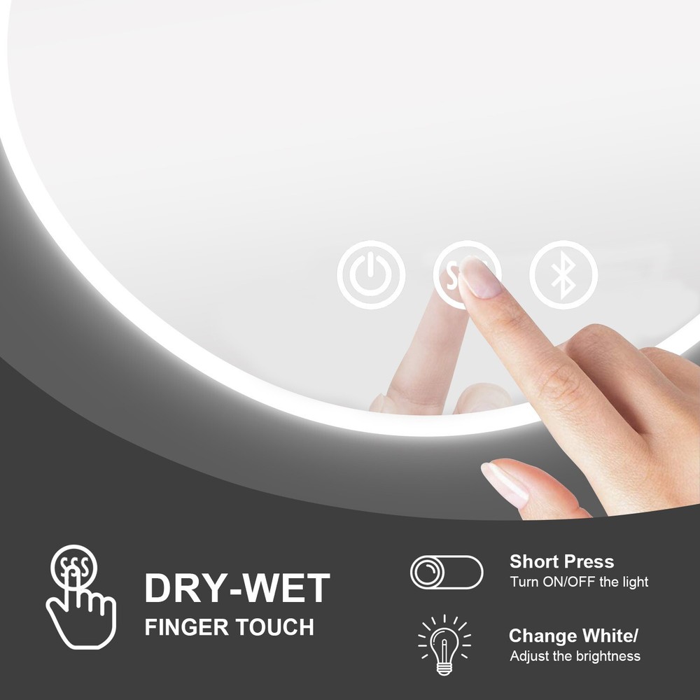 23.6 in Round LED Bathroom Lighted Mirror Bluetooth 3 Colour Wall Vanity Mirror
