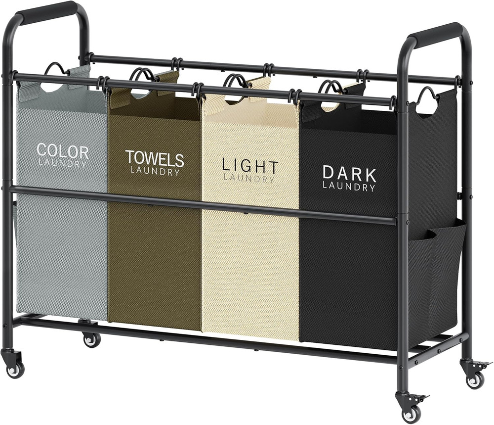 4-Section Laundry Sorter Cart with Lockable Wheels & Removable Bags