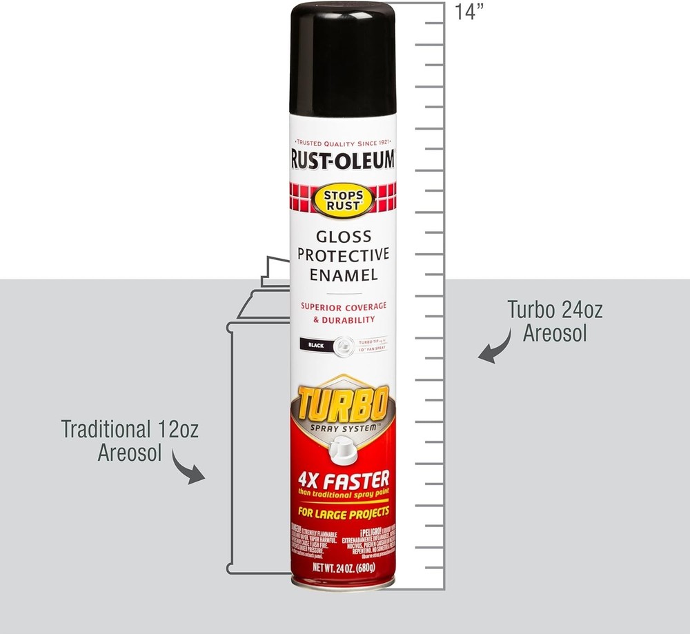 Rust‑Oleum Turbo Spray Paint, Gloss Black, 24oz, Stops Rust, 6 Pack