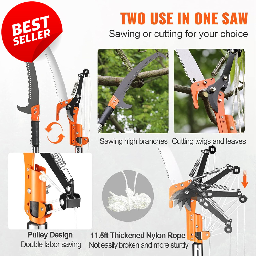 Manual Pole Saw 7.3-27ft Extendable Tree Pruner Sharp Blade Fiberglass Handle US