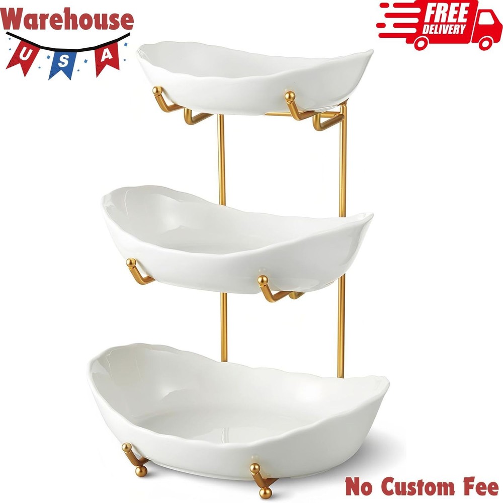 Ceramic Fruit Bowl for Kitchen Counter - 3 Tier Fruit Basket with Metal Stand