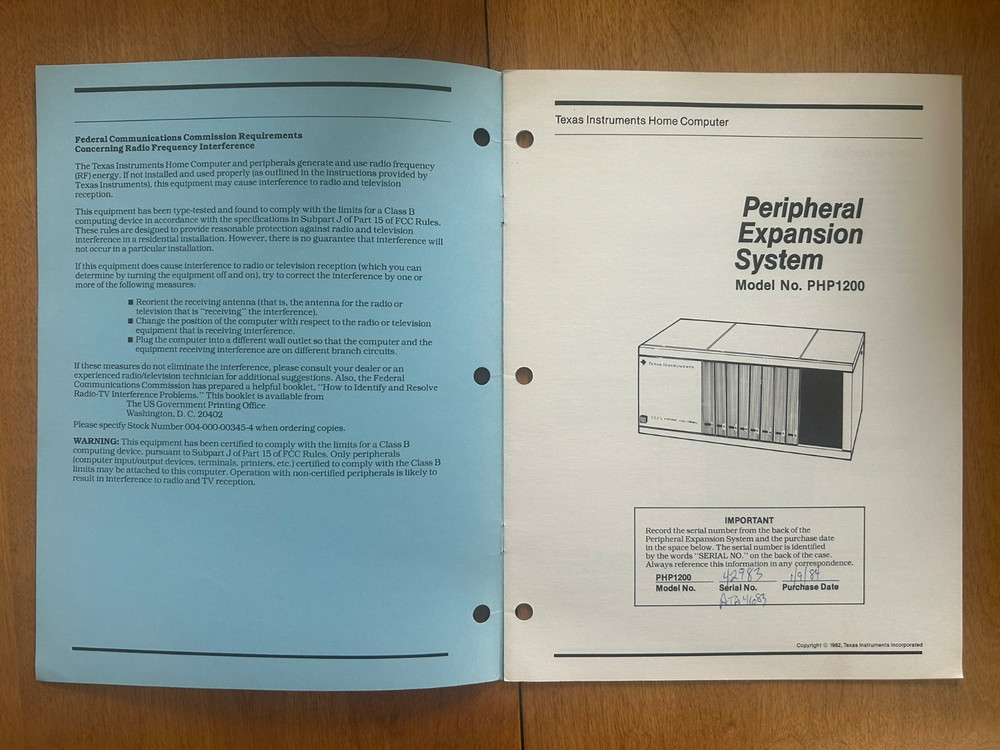 Vintage 1982 TI Peripheral Expansion System Model No. PHP1200 Manual