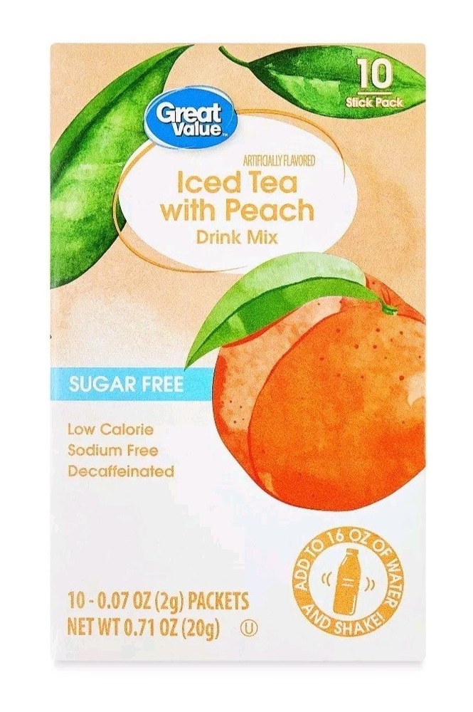 6 Boxes - Great Value Iced Tea with Peach Drink Mix Decaffeinated 60 Packets