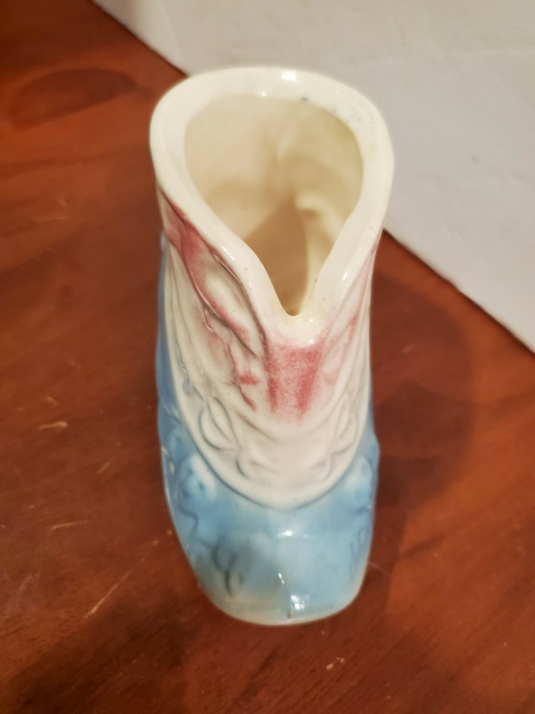 vintage old fashioned ladies ceramic boot planter, 5" long x 3" high, white blue