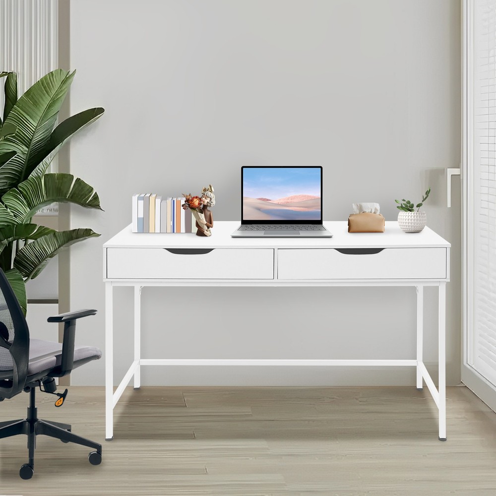 Office Computer Desk Metal Frame Modern Study Writing Table w/ 2 Drawers White