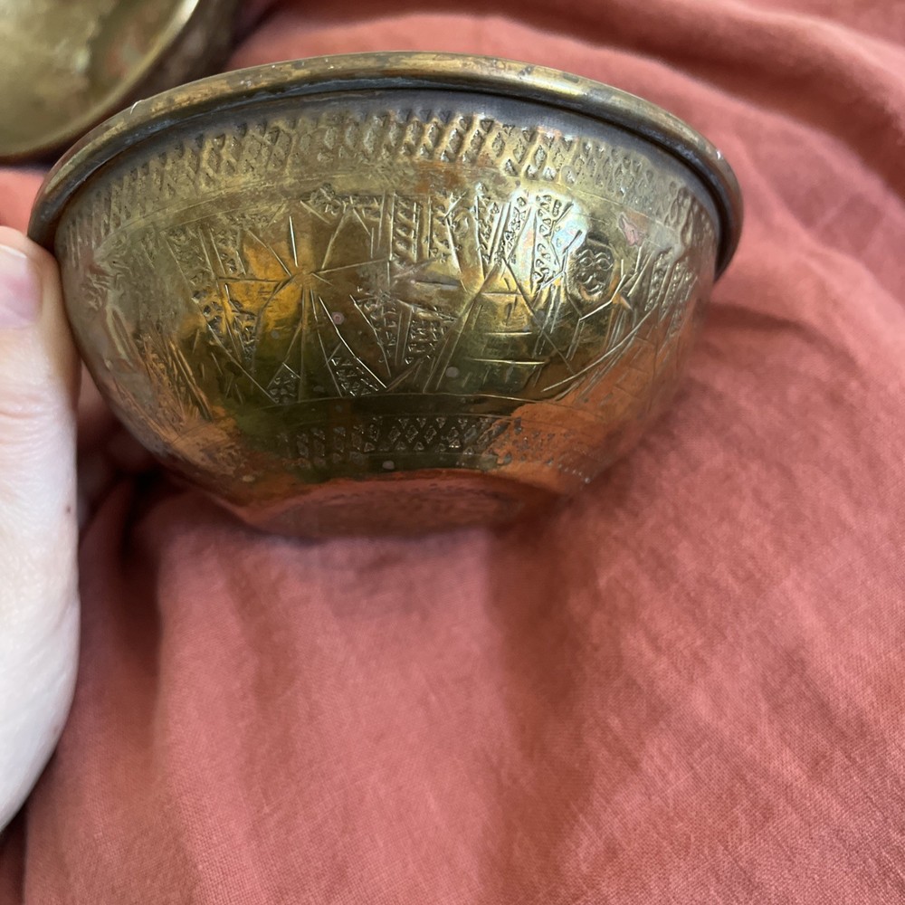 Vintage Middle Eastern Hammered Tin Bronze Bowls - pair