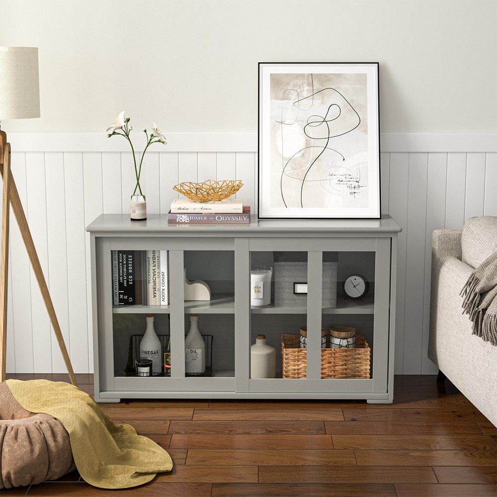 Buffet Cabinet Kitchen Storage Cabinet Sliding Tempered Glass Doors Sideboard