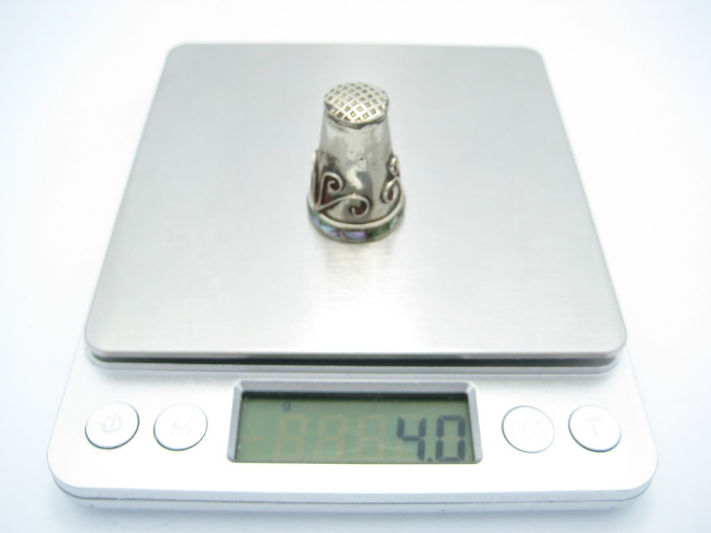 Antique Sterling Silver Sewing Thimble Abalone Inlay Wave Design