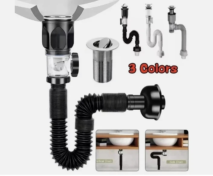Black Universal Sink Drain Pipe Set Retractable Deodorant Sewer Drainage Water