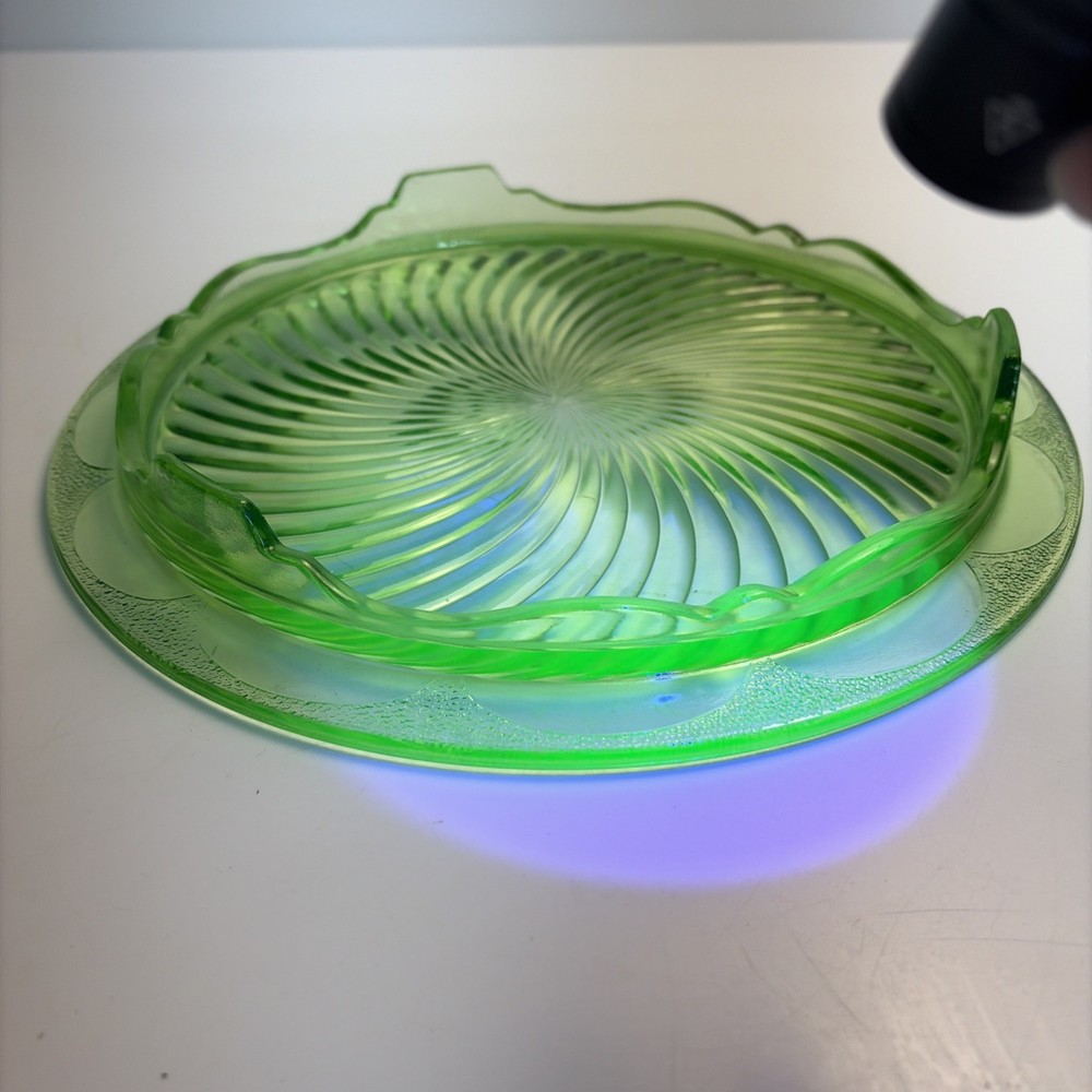 Vintage Uranium Glass Footed Cake Stand Swirl Pattern