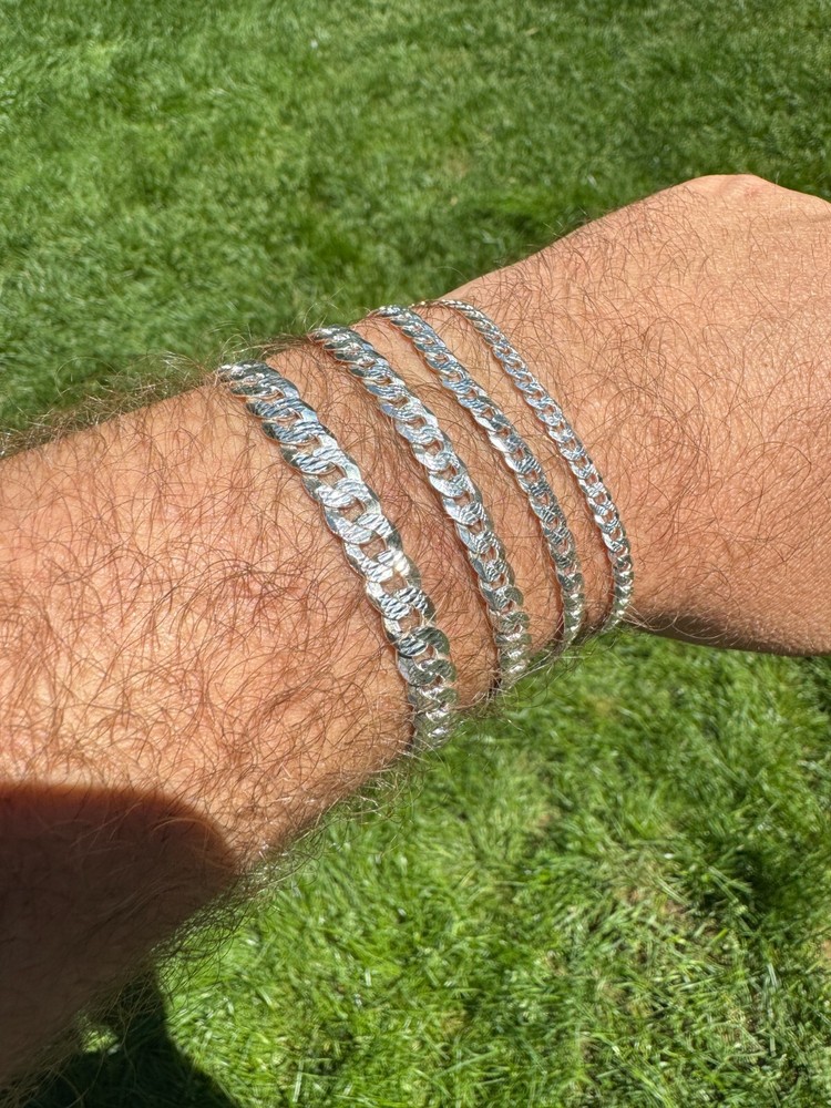 Real Solid 925 Silver Flat Diamond Cut Curb Cuban Link Bracelet 4-8mm