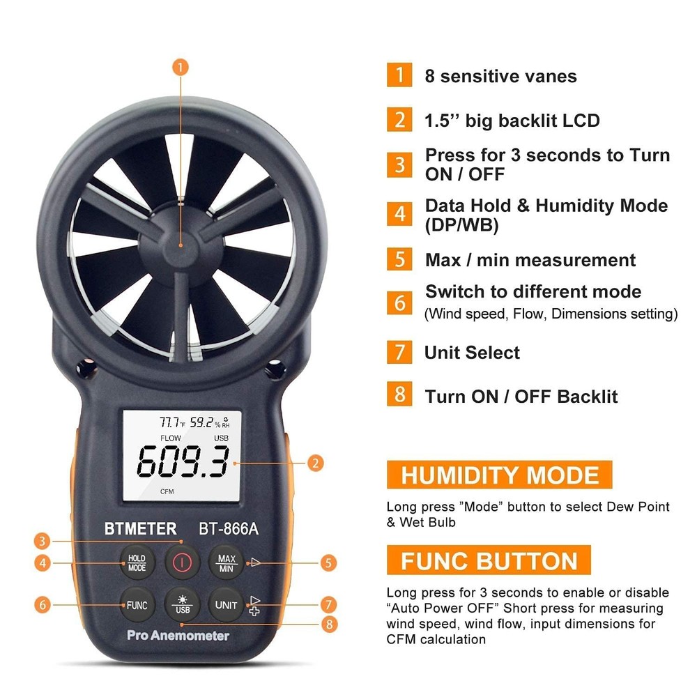 Pro Handheld HVAC Anemometer CFM Air Flow Wind Speed Meter USB Data Logging