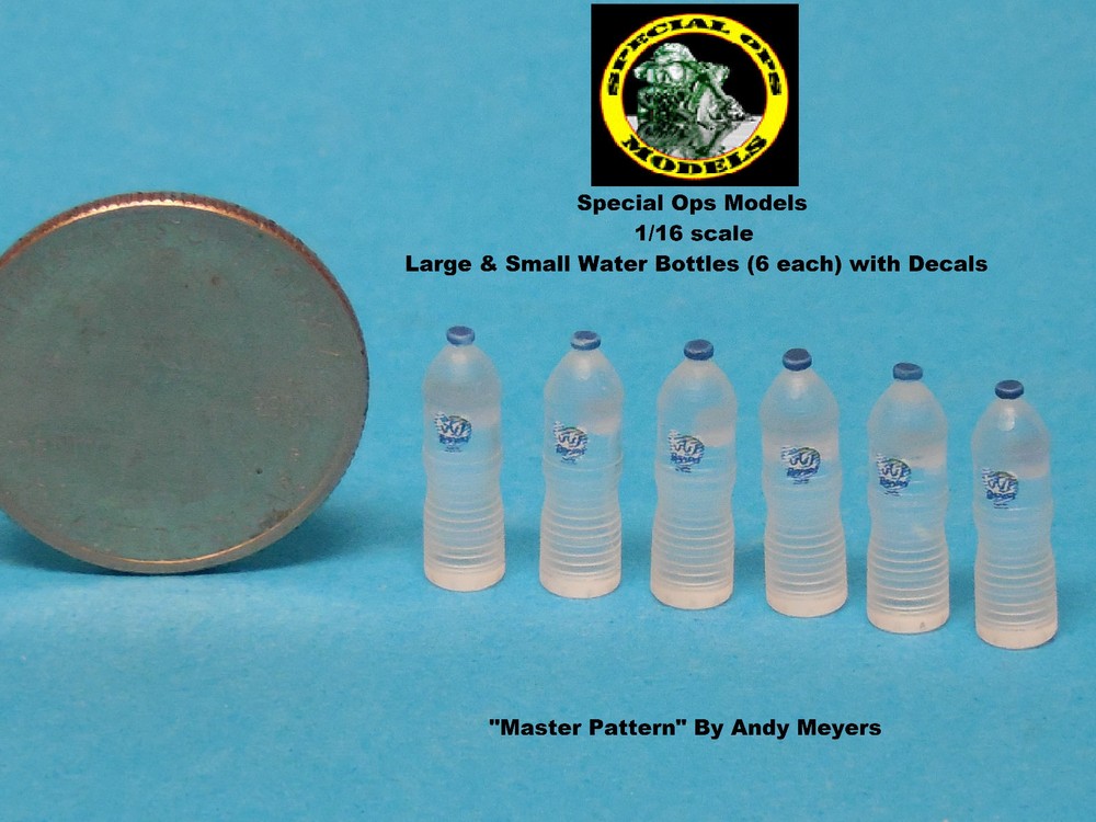 1/16 scale Modern Clear Water Bottles Small & Large (12 pcs) with Decals