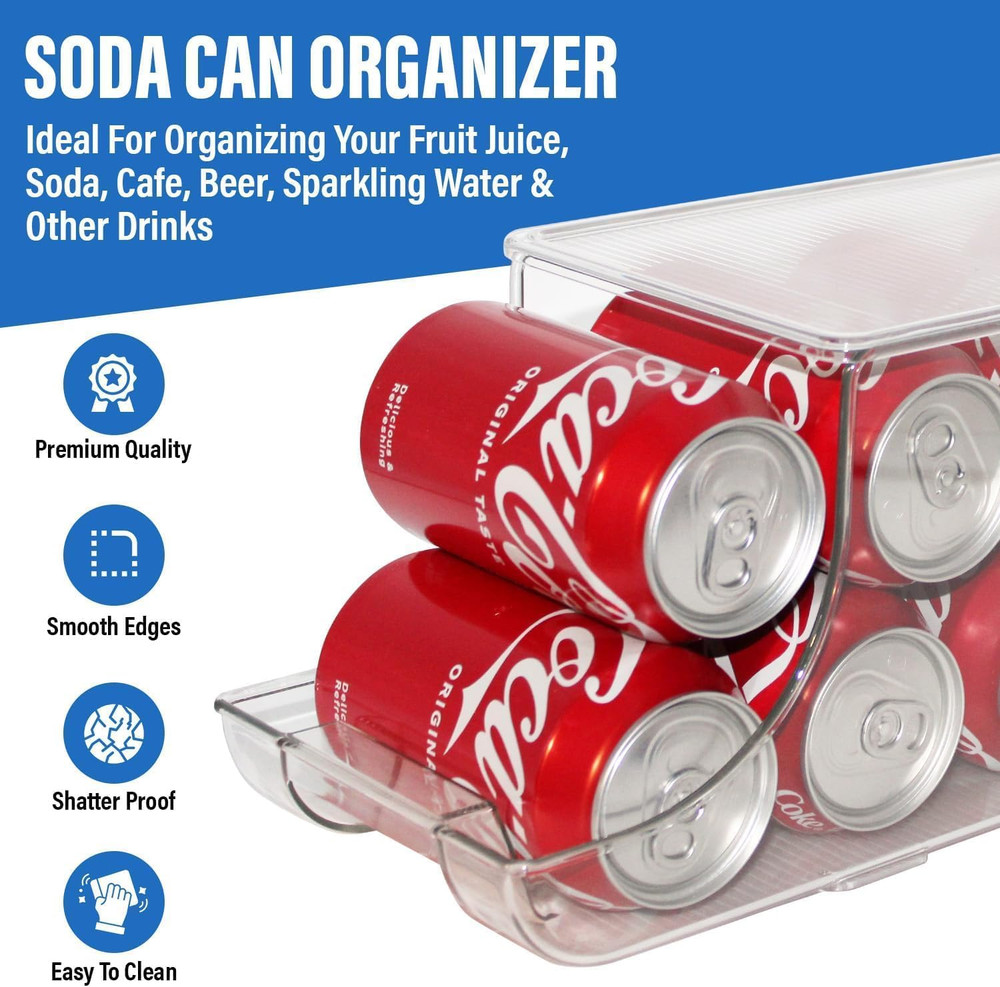 Soda Can Organizer with Lids, Stackable Soda Can Dispenser for Refrigerator, Cle