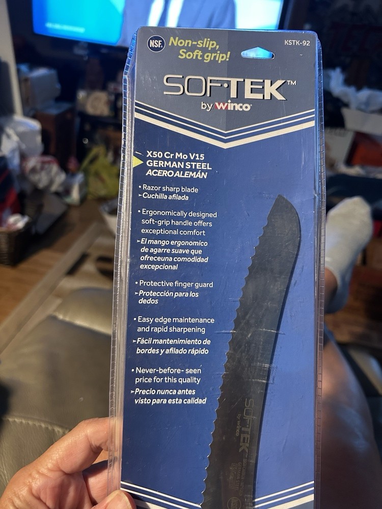 Winco SofTek 9" Offset Bread/Utility Knife KSTK-92 Soft Grip Handle German Steel