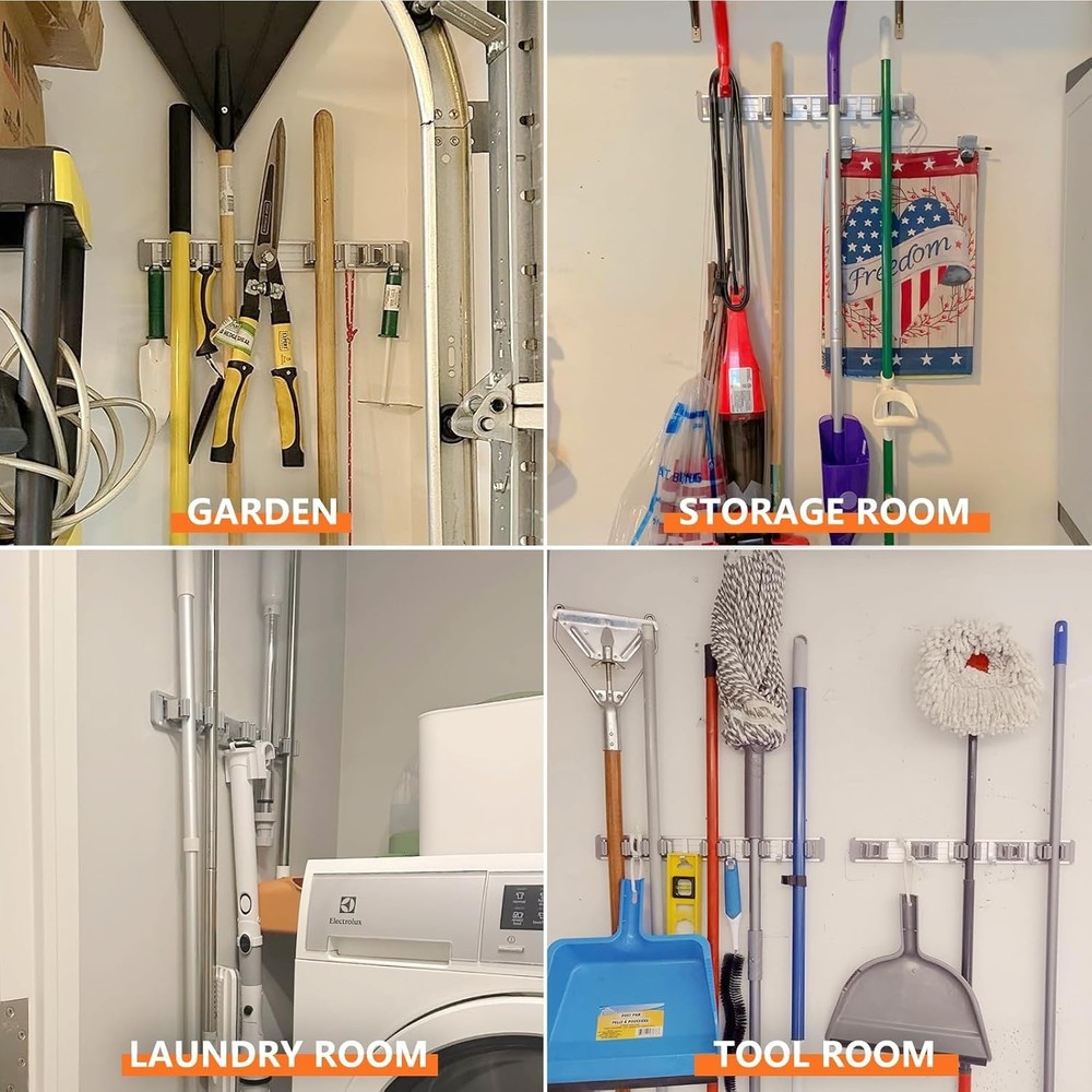 Space-Saving Tool Organizer with 5 Racks & 4 Hooks - Wall Mount Silver Finish