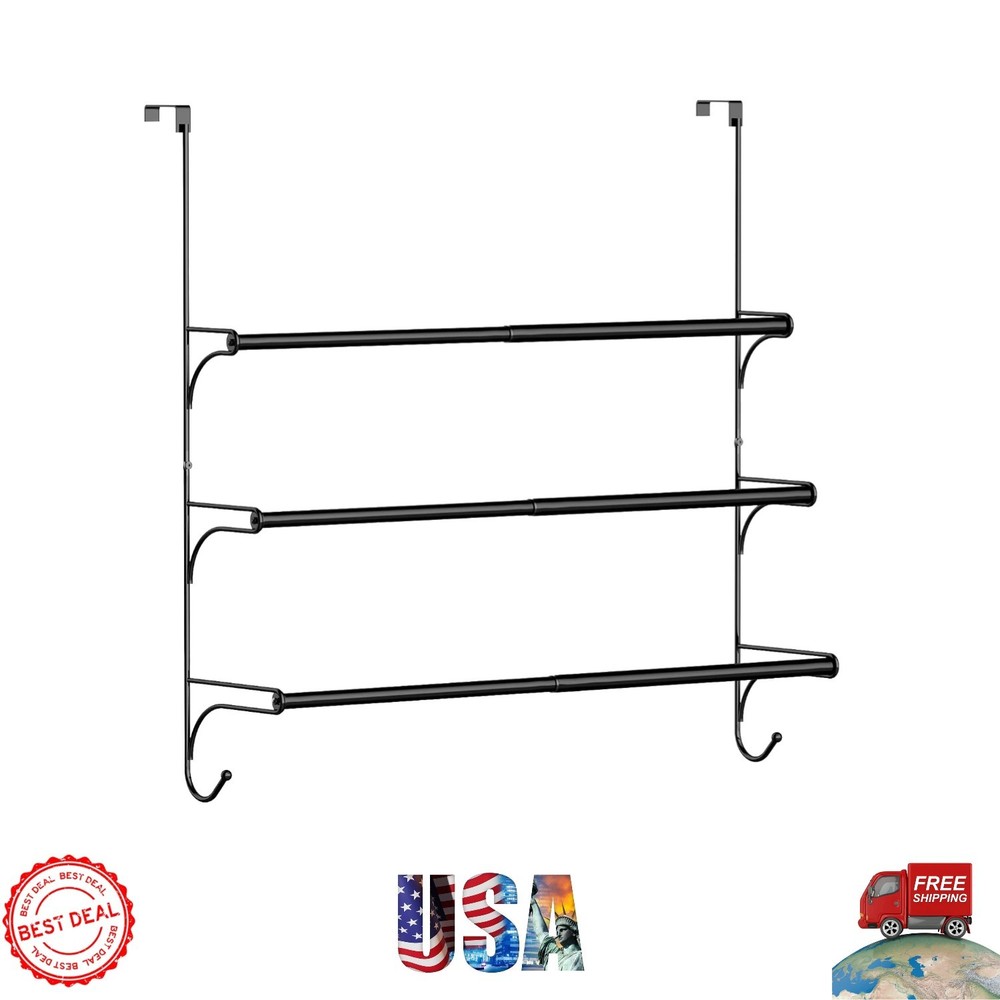 Versatile Black Adjustable Towel Rack with Hooks for Small Spaces - Easy Install