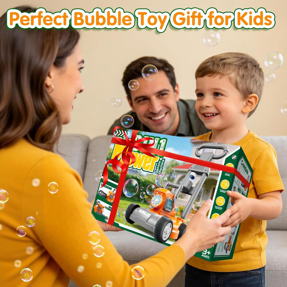 Bubble Lawn Mower for Kids, 3-In-1 Bubble Machine Blower with 10 Bubble Solution