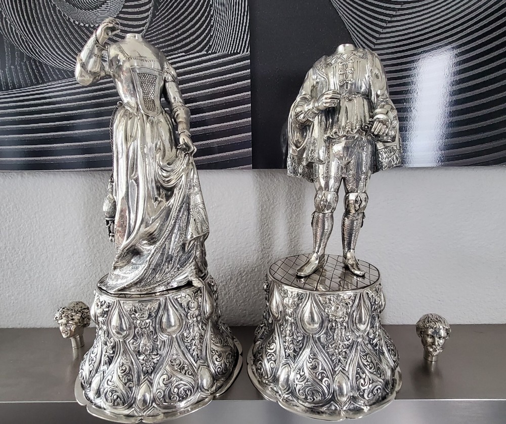 EXEPTIONAL PAIR EXTRA LARGE ANTIQUE HANAU GERMAN SILVER FIGURAL DECANTERS CA1880