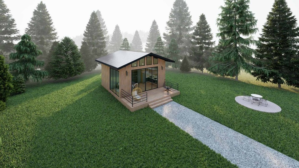 21' x 21'-6'' Modern tiny cabin house Architectural plans pdf & 3D images