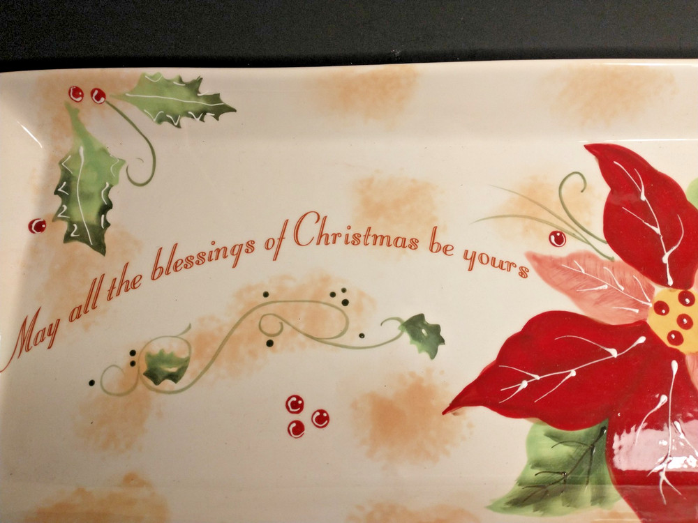 Ganz Ceramic Christmas Poinsettia Rectangular Tray 16.25" handle to handle