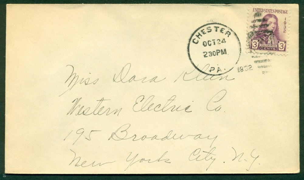 SCOTT # 724 FDC, NO FRONT CACHET, SCRIPT ADDRESS, CHESTER, PA, GREAT PRICE!
