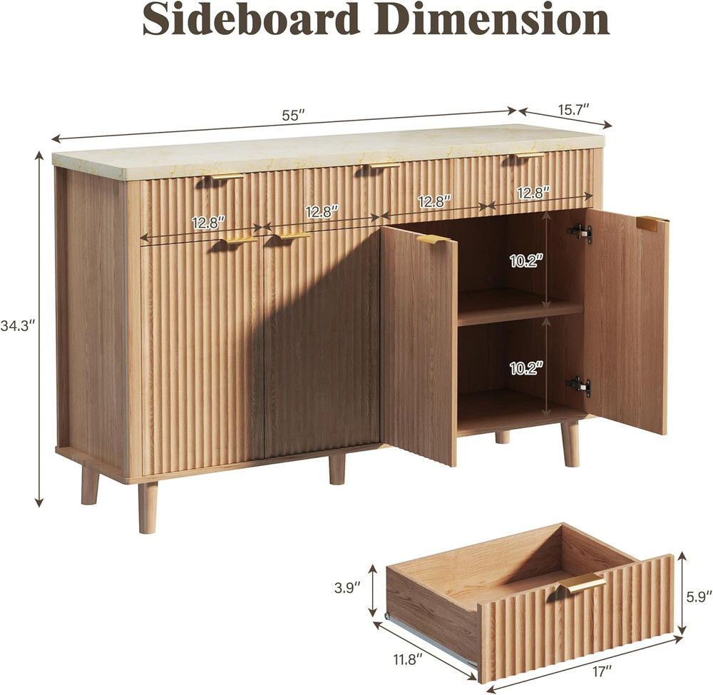 55" Fluted Buffet Cabinet with Storage, Large Sideboard Buffet Cabinet with 4 Do