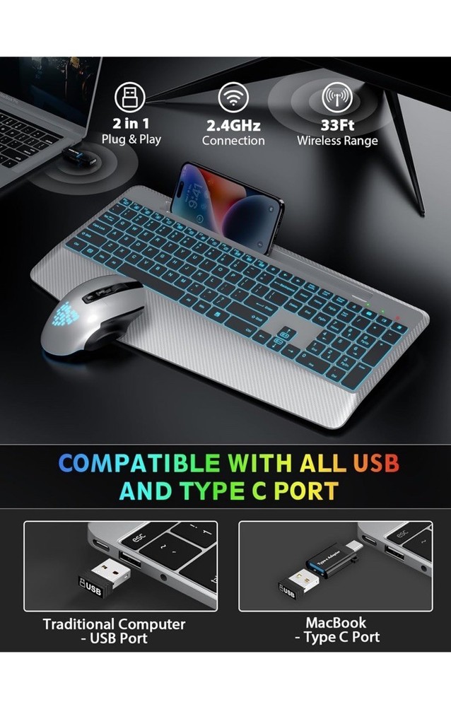 Wireless Keyboard and Mouse Backlits, Wrist Rest, LED Mouse, Rechargeable