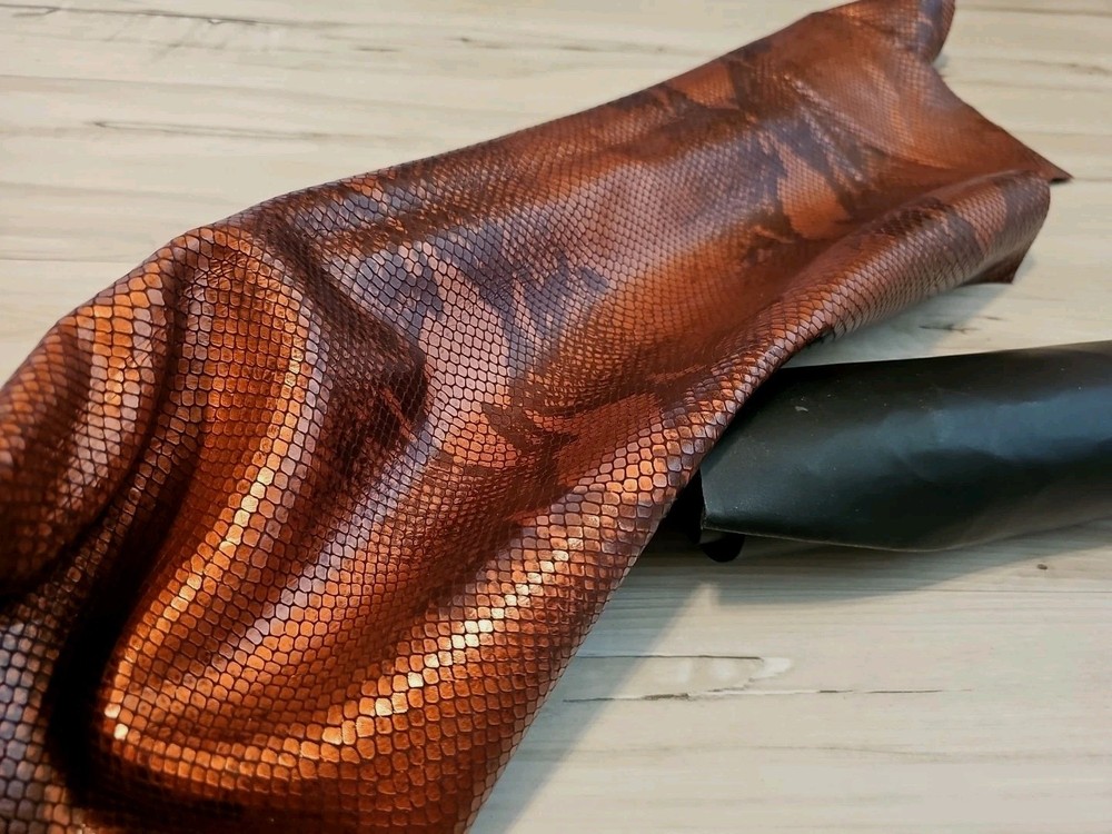 RUST COPPER BROWN SNAKESKIN PRINT SHEEPSKIN LAMBSKIN LEATHER HIDE PANEL,SHEET