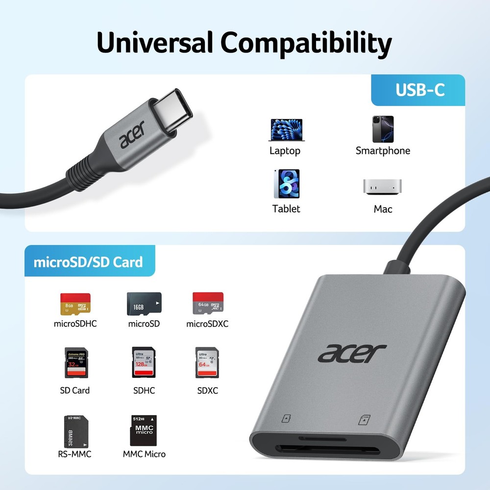 Acer SD Card Reader USB C, Dual Slots Type C to Memory Reader, Grey